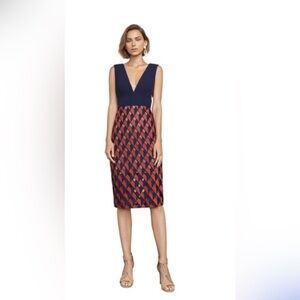 BCBG MAX Azria Elegant Navy and Red/Orange Patterned Rosalina Dress